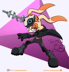Size: 1969x2048 | Tagged: safe, artist:peachyowlart, vanilla the rabbit, abstract background, holding something, looking at viewer, outfit swap, posing, signature, smile, solo, standing, variable wispon, whisper's mask, wispon