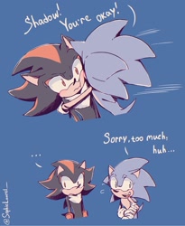 Size: 1683x2048 | Tagged: safe, artist:sophielaurel_, shadow the hedgehog, sonic the hedgehog, ..., 2024, awkward, blue background, dialogue, duo, english text, frown, gay, looking away, shadow x sonic, shipping, signature, simple background, smile, standing