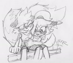 Size: 2048x1750 | Tagged: safe, artist:sonicrelated, tangle the lemur, whisper the wolf, 2024, alternate outfit, arm around shoulders, blushing ears, claws, cute, duo, eye clipping through hair, floppy ear, holding each other, lesbian, line art, looking at them, one eye closed, pencilwork, shipping, shirt, shorts, signature, sitting, smile, tangabetes, tangle x whisper, traditional media, tshirt, wagging tail, whispabetes, wide eyes
