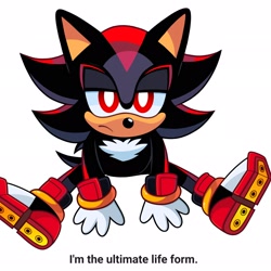 Size: 2048x2048 | Tagged: safe, artist:shosaox, shadow the hedgehog, 2024, cute, english text, frown, hand on ground, lidded eyes, looking at viewer, shadowbetes, simple background, sitting, solo, too cute to be taken seriously, ultimate lifeform, white background