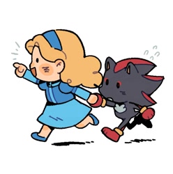 Size: 724x731 | Tagged: safe, artist:bl00doodle, maria robotnik, shadow the hedgehog, human, 2024, blushing, cute, duo, holding hands, looking offscreen, mariabetes, mouth open, pointing, running, shadowbetes, simple background, white background