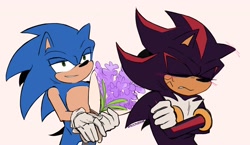Size: 2048x1184 | Tagged: safe, artist:soonierar, shadow the hedgehog, sonic the hedgehog, 2024, arms folded, clenched teeth, cross popping vein, duo, eyes closed, flower, flower bouquet, frown, gay, lavender, lidded eyes, looking at them, shadow x sonic, shipping, simple background, smile, standing, tsundere
