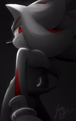Size: 1286x2048 | Tagged: safe, artist:yami_pu3lla, shadow the hedgehog, 2024, black background, frown, lidded eyes, lineless, looking at viewer, looking back, looking back at viewer, looking over shoulder, signature, simple background, solo, standing