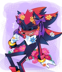 Size: 1751x2048 | Tagged: safe, artist:ghostie_goose, shadow the hedgehog, 2024, abstract background, blushing, bow, clenched teeth, cute, eyes closed, flower, freckles, one fang, shadowbetes, sitting, smile, solo