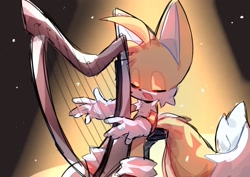 Size: 1754x1240 | Tagged: safe, artist:soba_kt, miles "tails" prower, 2024, abstract background, cute, eyes closed, harp, mouth open, open smile, sitting, smile, solo, spotlight, stool, tailabetes
