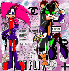 Size: 400x415 | Tagged: safe, artist:thunder-the-mouse, sonia the hedgehog, oc, oc:thunder dark the hedgemouse, hedgehog, mouse