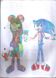 Size: 400x550 | Tagged: safe, artist:thunder-the-mouse, sonic the hedgehog, oc, oc:thunder dark the hedgemouse, traditional media