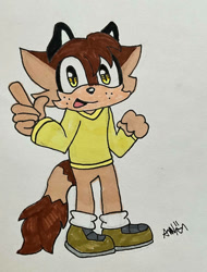 Size: 827x1088 | Tagged: safe, artist:bean1219, oc, oc:chester the raccoon, raccoon, brown fur, male, shoes, socks, sweater, yellow eyes