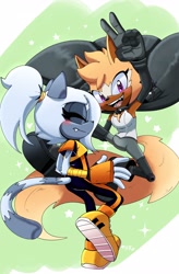 Size: 2630x4016 | Tagged: safe, artist:buddyhyped, tangle the lemur, whisper the wolf, lesbian, outfit swap, shipping, species swap, tangle x whisper, v sign