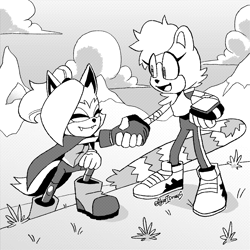 Size: 2000x2000 | Tagged: safe, artist:akarisandraws, tangle the lemur, whisper the wolf, 2024, abstract background, clouds, duo, eyes closed, fangs, grass, holding hands, inktober, lesbian, line art, looking at them, mountain, outdoors, shipping, smile, standing, tangle x whisper