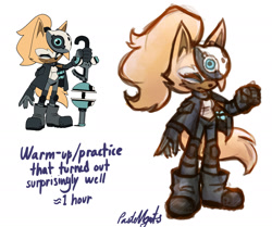 Size: 1953x1632 | Tagged: safe, artist:pastellguts, whisper the wolf, clenched fist, english text, eye clipping through clothes, eyes closed, frown, mask, mask over one eye, outline, reference inset, signature, simple background, sketch, solo, standing, white background