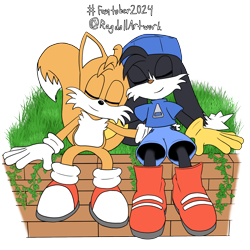 Size: 2000x2000 | Tagged: safe, artist:ragdollartwork, miles "tails" prower, 2024, brick wall, crossover, crossover shipping, cute, duo, english text, eyes closed, fantober, flat colors, gay, grass, holding each other, klonoa, klonoa x tails, leaning on each other, leaning on them, rarepair, shipping, signature, simple background, sitting, smile, transparent background
