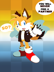 Size: 2048x2708 | Tagged: safe, artist:el_prisas13, miles "tails" prower, 2024, ace, alternate outfit, aro ace pride, aromantic, aviator jacket, checkered background, dialogue, ear fluff, english text, jacket, lineless, looking offscreen, mouth open, offscreen character, pride flag background, shrugging, solo, speech bubble, standing, talking to offscreen character, top surgery scars, trans male, trans pride, transgender