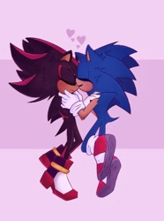 Size: 640x860 | Tagged: safe, artist:glitchedcosmos, shadow the hedgehog, sonic the hedgehog, abstract background, blushing, duo, eyes closed, frown, gay, heart, shadow x sonic, shipping, smile