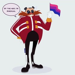 Size: 2048x2048 | Tagged: safe, artist:thatonechocogirl, robotnik, human, bisexual, bisexual pride, clenched teeth, dialogue, english text, flag, grey background, hand on hip, pride, pride flag, real-time fandub games, shadow (lighting), simple background, smile, solo, standing