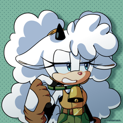 Size: 2048x2048 | Tagged: safe, artist:icyy-stxrlight, lanolin the sheep, abstract background, clenched teeth, lidded eyes, looking offscreen, shadow (lighting), solo, standing