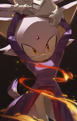 Size: 1242x1956 | Tagged: safe, artist:bhuxu, blaze the cat, arms up, black background, fire, frown, looking at viewer, simple background, solo, standing