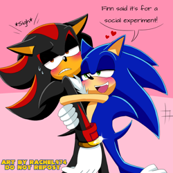 Size: 2048x2048 | Tagged: safe, artist:rachel-974, shadow the hedgehog, sonic the hedgehog, abstract background, blushing, clenched teeth, dialogue, duo, english text, gay, heart, hugging, lidded eyes, looking at them, looking away, looking offscreen, shadow x sonic, shipping, sonic x style, speech bubble, sweatdrop