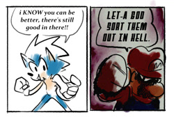 Size: 1355x913 | Tagged: safe, artist:punkitt-is-here, sonic the hedgehog, human, abstract background, clenched fist, crossover, cute, dialogue, duo, english text, mario, meme, shadowed face, sonabetes, speech bubble, standing