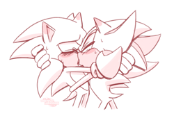 Size: 2047x1396 | Tagged: safe, artist:galaxylover06, shadow the hedgehog, sonic the hedgehog, blushing, duo, eyes closed, french kiss, gay, holding each other, kiss, monochrome, shadow x sonic, shipping, simple background, standing, sweatdrop, white background