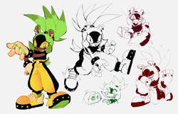 Size: 1930x1240 | Tagged: safe, artist:lazydayslivin, surge the tenrec, devil horns (gesture), duo, grey background, simple background, smile, solo focus, standing, yellow sclera