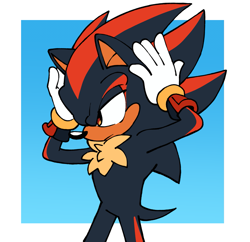 Size: 1637x1582 | Tagged: safe, artist:teamdarkdaily, shadow the hedgehog, :|, blue background, border, flat colors, looking offscreen, simple background, solo, standing