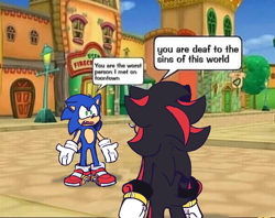 Size: 950x753 | Tagged: safe, artist:dustyhyena, shadow the hedgehog, sonic the hedgehog, sonic adventure 2, dialogue, duo, english text, looking at each other, mouth open, screenshot background, soap shoes, speech bubble, standing, toontown