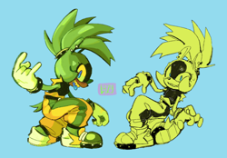 Size: 974x677 | Tagged: safe, artist:lazydayslivin, surge the tenrec, 2024, blue background, devil horns (gesture), signature, simple background, solo, tongue out