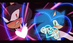 Size: 851x502 | Tagged: safe, artist:roastedgarlics2, shadow the hedgehog, sonic the hedgehog, gay, heart, shadow x sonic, shipping