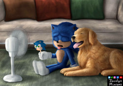 Size: 1069x748 | Tagged: safe, artist:jocelynminions, ozzy the dog, sonic the hedgehog, sonic the hedgehog (2020), abstract background, duo, fan, indoors, literal animal, sonic ice cream, tongue out