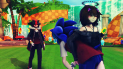 Size: 1192x670 | Tagged: safe, artist:okarutommd, shadow the hedgehog, sonic the hedgehog, oc, oc:wioleta, human, 3d, humanized, mmd