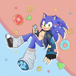 Size: 1080x1080 | Tagged: safe, artist:cherri_s0da, sonic the hedgehog, hedgehog, bandage, blue fur, collar, fingerless gloves, gloves, green eyes, jacket, leg warmers, male, shoes