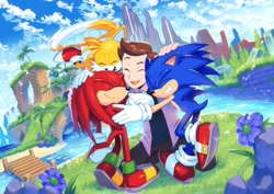 Size: 2048x1448 | Tagged: safe, artist:drawloverlala, knuckles the echidna, miles "tails" prower, sonic the hedgehog, hugging, team sonic