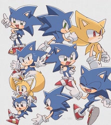 Size: 757x853 | Tagged: safe, artist:pita_b882, miles "tails" prower, sonic the hedgehog, super sonic, carrying them, classic sonic, classic tails, duo, flying, grey background, multiple views, simple background, sketch page, super form, v sign