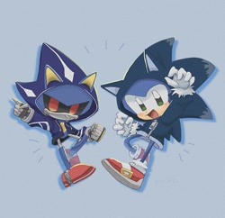 Size: 1243x1205 | Tagged: safe, artist:pita_b882, metal sonic, neo metal sonic, sonic the hedgehog, arm up, blue background, cosplay, duo, hood up, hoodie, pointing, robot, simple background, sonic the werehog