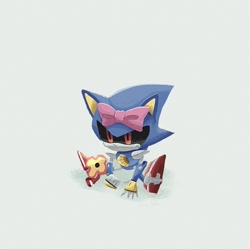 Size: 1235x1232 | Tagged: safe, artist:pita_b882, metal sonic, bow, flower, grey background, robot, simple background, sitting, solo