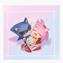 Size: 1280x1280 | Tagged: safe, artist:pita_b882, amy rose, metal sonic, duo, gradient background, holding hands, metamy, robot, shipping, simple background, standing, straight