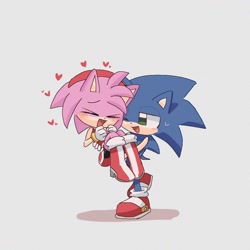 Size: 1280x1280 | Tagged: safe, artist:pita_b882, amy rose, sonic the hedgehog, amy x sonic, carrying them, duo, grey background, heart, shadow (lighting), shipping, simple background, straight