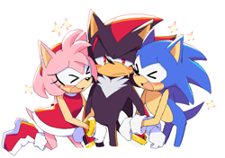 Size: 970x683 | Tagged: safe, artist:blushily, amy rose, shadow the hedgehog, sonic the hedgehog, amy x shadow, amy x shadow x sonic, bisexual, polyamory, shadow x sonic, shipping, straight, trio