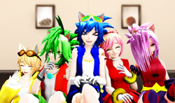 Size: 1020x600 | Tagged: safe, artist:xx-debbiestv-xx, amy rose, miles "tails" prower, sonia the hedgehog, sonic the hedgehog, human, 3d, humanized, manic the hedgehog, mmd