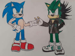 Size: 1032x774 | Tagged: safe, artist:theoneandonlycactus, sonic the hedgehog, oc, oc:cactus the hedgehog, hedgehog, blue fur, fingerless gloves, gloves, green eyes, green fur, jacket, male, shoes, socks