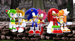 Size: 1209x661 | Tagged: safe, artist:luvanddeathinall, amy rose, cosmo the seedrian, knuckles the echidna, miles "tails" prower, sonic the hedgehog, tikal, 3d, amy x sonic, knuxikal, shipping, straight, tailsmo