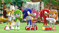 Size: 1192x670 | Tagged: safe, artist:luvanddeathinall, amy rose, cosmo the seedrian, knuckles the echidna, miles "tails" prower, sonic the hedgehog, tikal