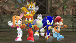 Size: 1192x670 | Tagged: safe, artist:miraculousthomasfan, antoine d'coolette, bunnie rabbot, miles "tails" prower, rotor walrus, sally acorn, sonic the hedgehog, mmd