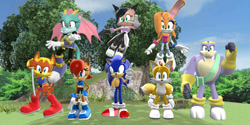 Size: 1264x632 | Tagged: safe, artist:jamesfan1991, antoine d'coolette, bunnie rabbot, dulcy the dragon, miles "tails" prower, nicole the hololynx, rotor walrus, sally acorn, sonic the hedgehog, mmd