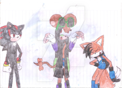 Size: 400x291 | Tagged: safe, artist:thunder-the-mouse, miles "tails" prower, shadow the hedgehog, oc, oc:thunder dark the hedgemouse, traditional media