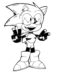 Size: 860x1091 | Tagged: safe, artist:somebodystolemybread, sonic the hedgehog, 2024, alternate universe, black and white, chipped ear, double v sign, line art, liquid, looking offscreen, mouth open, simple background, smile, solo, top surgery scars, trans male, transgender, v sign, white background