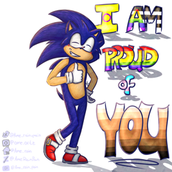 Size: 1800x1800 | Tagged: safe, artist:amerainpain, sonic the hedgehog, 2024, black lives matter, blushing, english text, eyes closed, gay pride, hand on hip, intersex pride, positivity, pride, shadow (lighting), signature, smile, solo, standing on one leg, straight ally, thumbs up, trans pride