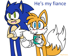 Size: 1144x896 | Tagged: safe, artist:professionalstrawberrycollector, miles "tails" prower, sonic the hedgehog, ask response, blushing, dialogue, drinking, duo, english text, flat colors, gay, holding hands, holding something, juice box, looking offscreen, mouth open, one fang, pointing, shipping, simple background, sonic x tails, standing, talking, talking to offscreen character, white background