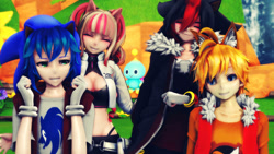 Size: 1192x670 | Tagged: safe, artist:okarutommd, miles "tails" prower, shadow the hedgehog, sonic the hedgehog, oc, oc:cornelia, human, humanized, mmd